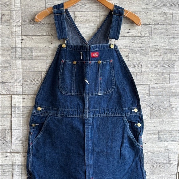 Dickies Denim Jean Overalls Bibs Carpenter Dark‎ Blue workwear y2K  Large - Picture 2 of 8
